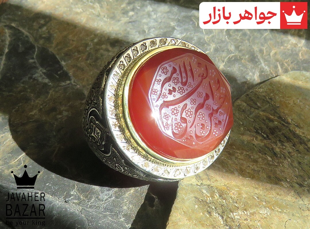 انگشتر نقره برنج عقیق یمنی قرمز کلکسیونی بی نظیر مردانه دست ساز با برلیان اصل [امیری حسین و نعم الامیر]